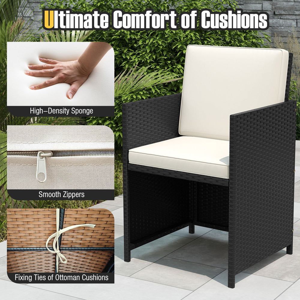 Single chair from the 9 Piece Patio Dining Set featuring black PE rattan, high-density sponge cushions, perfect for.