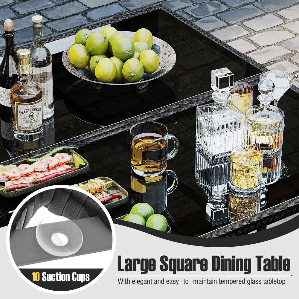 Large square dining table with tempered glass top and 10 suction cups for stability, ideal for patio or backyard dining.