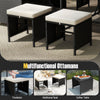 Multifunctional ottoman in black PE rattan, serving as a footstool or additional seat for outdoor patios and gardens.