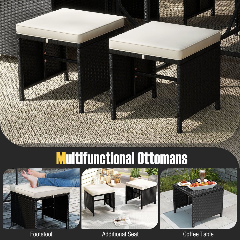 Multifunctional ottoman in black PE rattan, serving as a footstool or additional seat for outdoor patios and gardens.