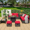 Lush outdoor setting featuring the complete 9 Piece Weatherproof Rattan Patio Conversation Set with red cushions and.
