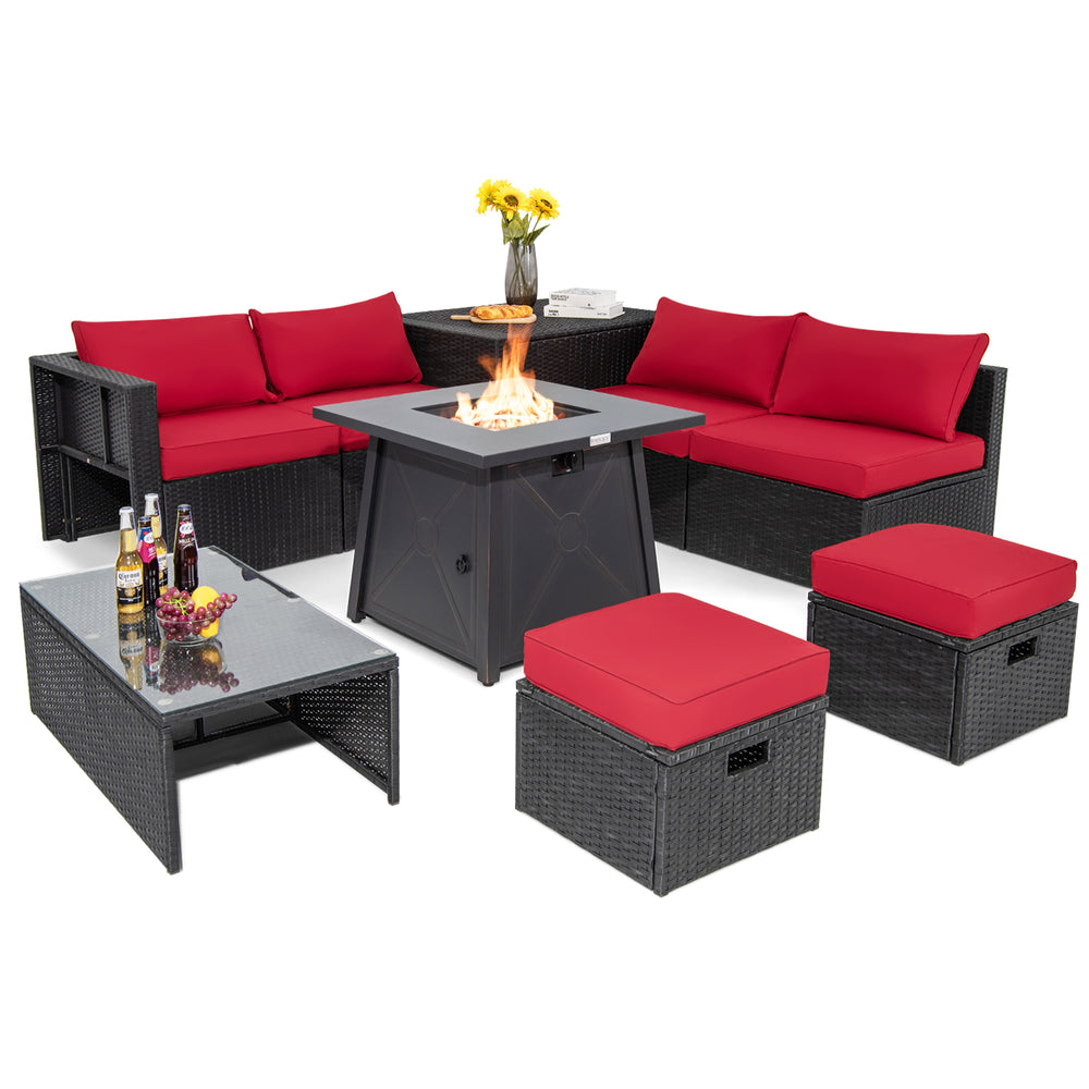 9-piece weatherproof rattan patio conversation set with red cushions and a propane fire pit table for outdoor.