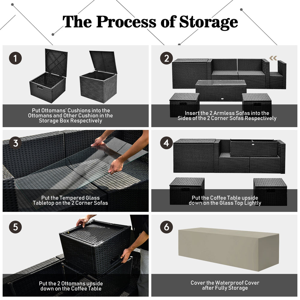Storage process for the 9-piece weatherproof rattan patio set with cushions and fire pit table, featuring compact.