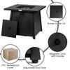 Close-up of the propane fire pit table with burner cover lid, adjustable foot pads, and magnetic door for storage.