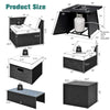 Detailed size chart for the 9 Piece Weatherproof Rattan Patio Conversation Set with propane fire pit table.