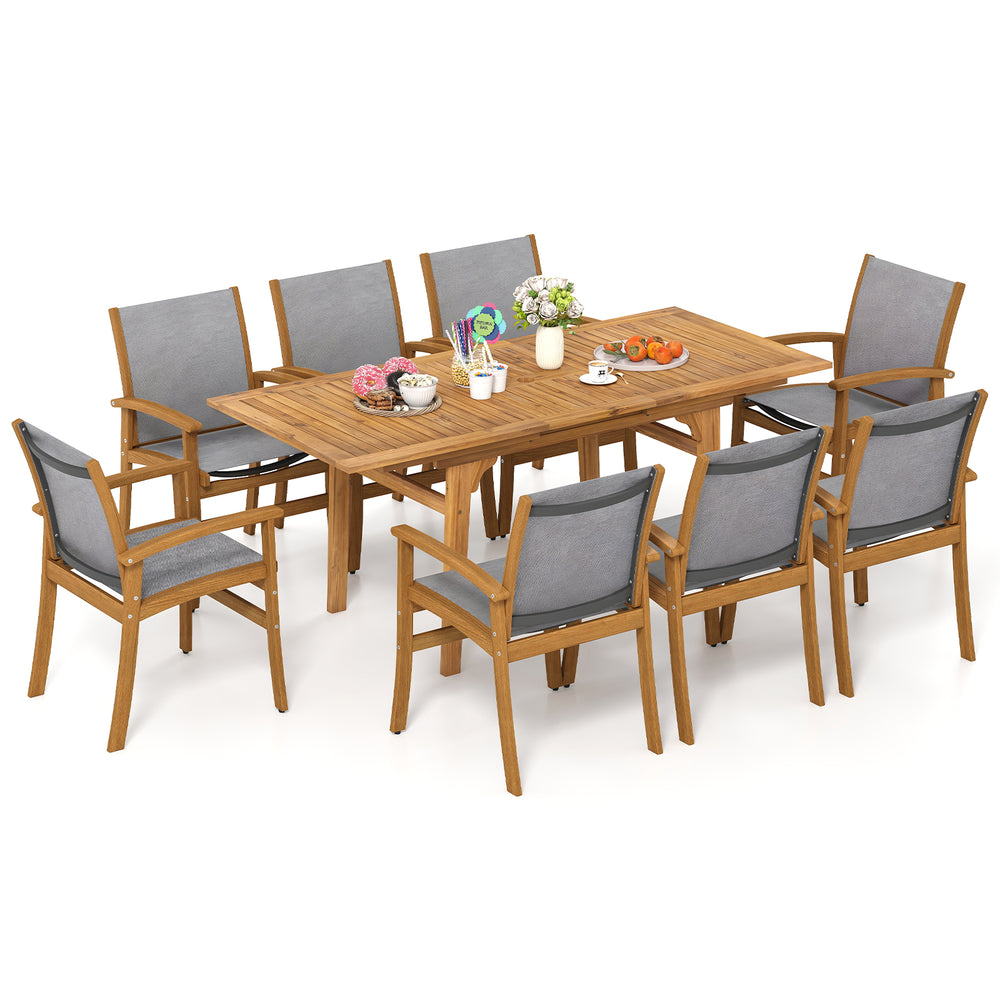 9-piece acacia wood patio dining set with expandable table and ergonomic chairs, perfect for outdoor gatherings.