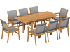 9-piece acacia wood patio dining set with expandable table and ergonomic chairs, ideal for outdoor gatherings.