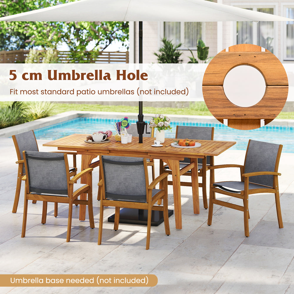 9-piece acacia wood patio dining set with umbrella hole, expandable table for 6-8, perfect for outdoor gatherings.