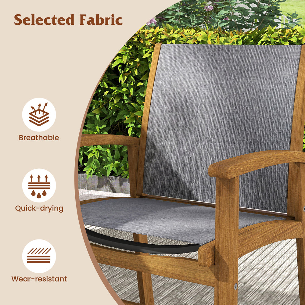 Close-up of breathable, quick-drying fabric on an acacia wood patio chair, designed for comfort and durability.