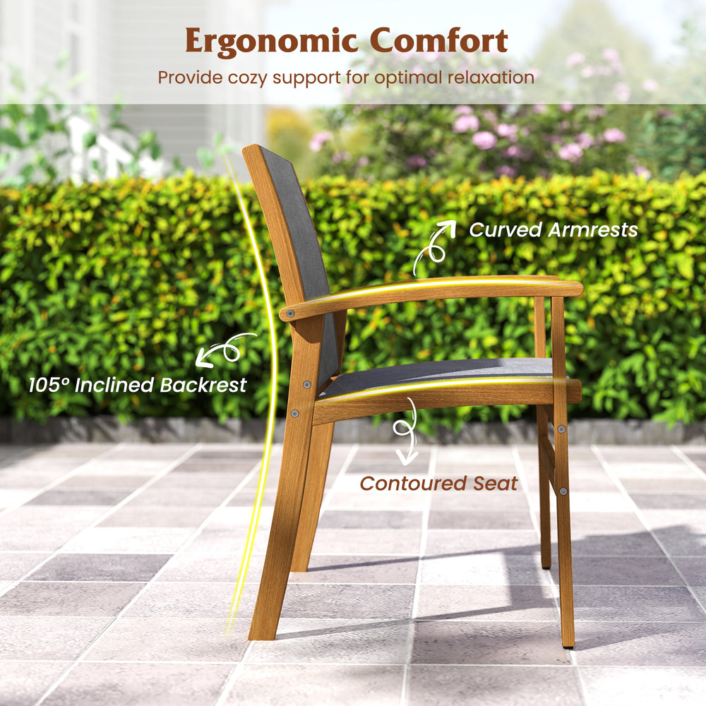 Side view of a patio chair with curved armrests and contoured seat, made of solid acacia wood for ergonomic comfort.