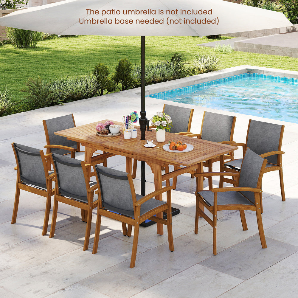 Detail of the smooth, splinter-free surface of the acacia wood patio dining table, designed for outdoor dining comfort.