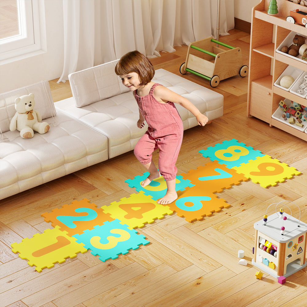 Colorful interlocking foam puzzle floor mat with numbers, ideal for safe play and early math learning in kids.