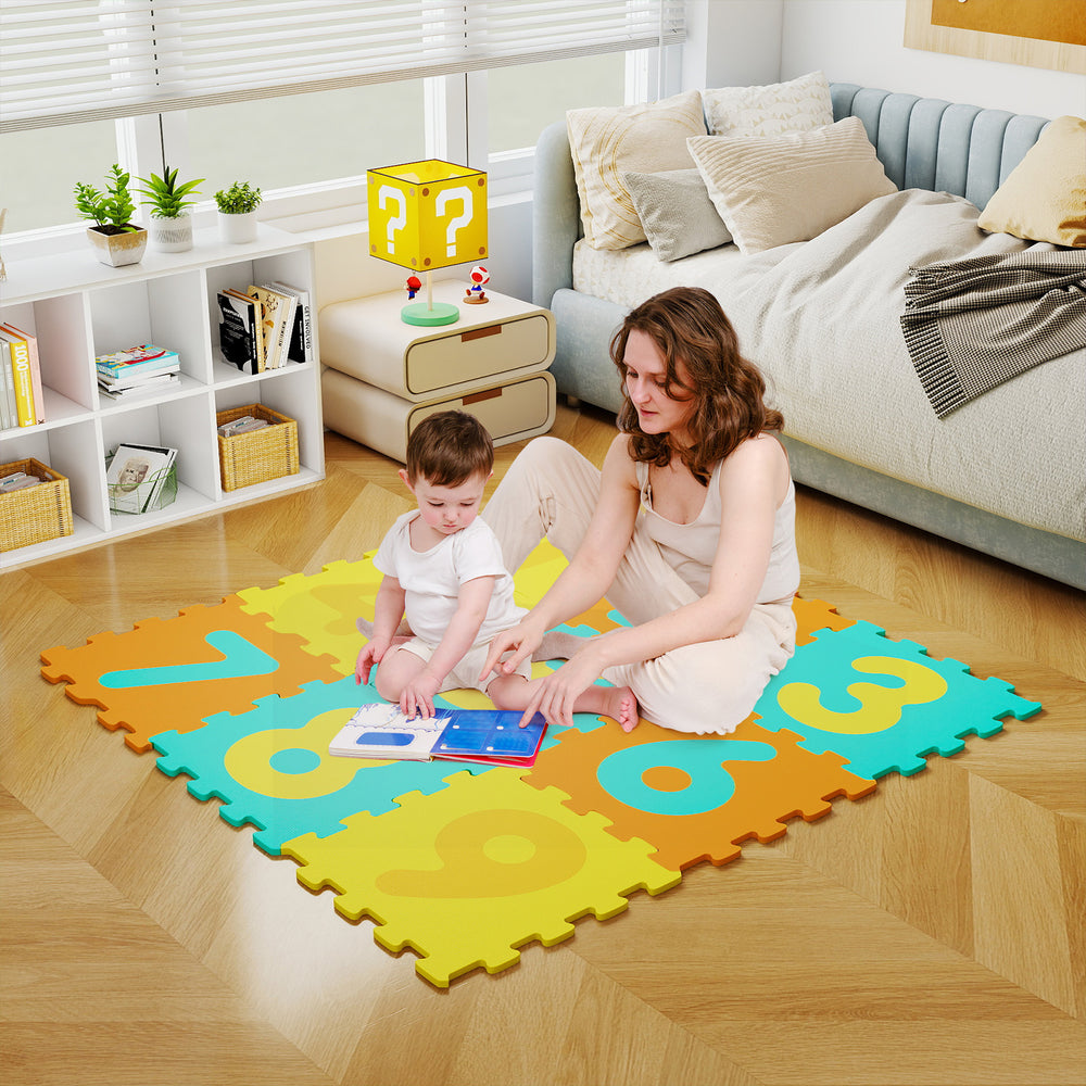 Colorful 9-piece interlocking foam puzzle mat with numbers, ideal for safe play and early math learning for kids.