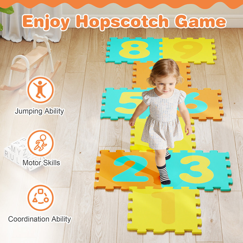 Colorful interlocking foam puzzle floor mat with numbers, promoting jumping, motor skills, and coordination for kids.