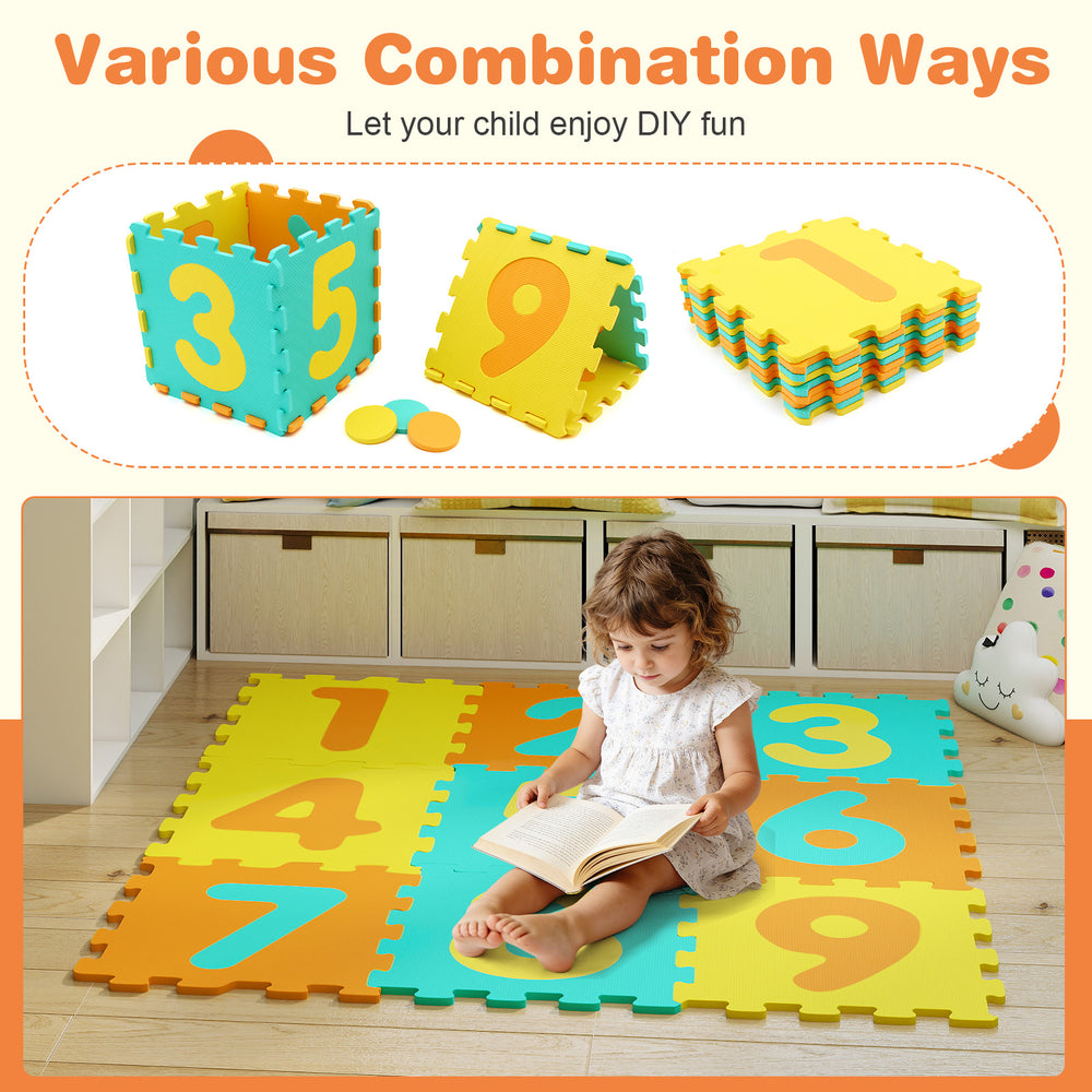 Colorful interlocking foam puzzle floor mat with numbers, includes 3 marker discs for safe, engaging play and learning.