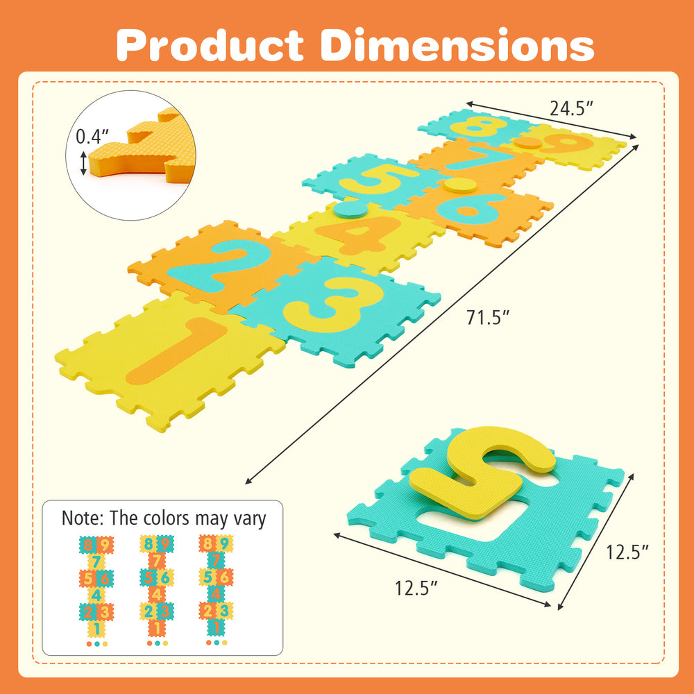 Colorful interlocking foam puzzle floor mat with numbers, 9 pieces, 3 marker discs, ideal for safe play and early.