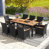 9-piece outdoor dining set featuring a durable acacia wood tabletop and supportive rattan chairs, perfect for patio.
