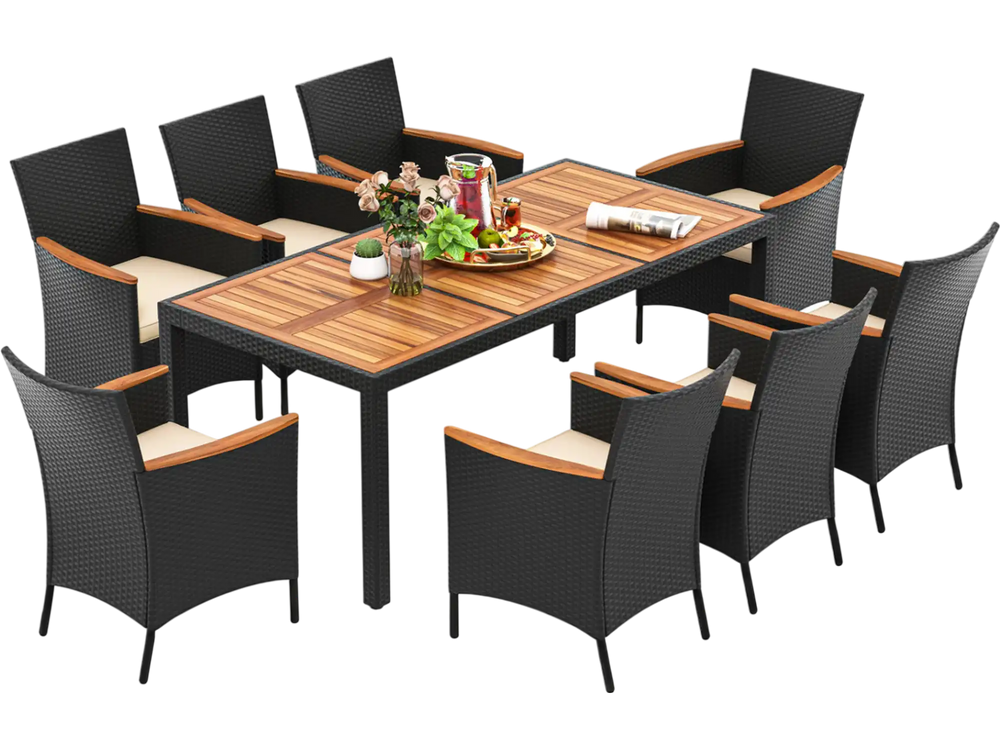 9-piece outdoor dining set featuring a durable acacia wood tabletop and weather-resistant PE rattan chairs for outdoor.