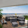 9-piece outdoor PE rattan wicker sectional sofa set with gray cushions and a gas fire pit table for patio relaxation.