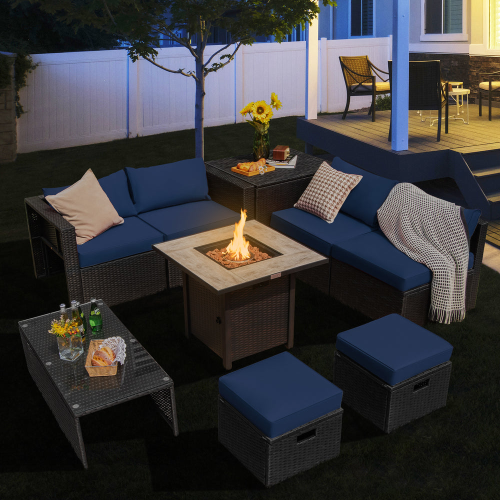 9 Pieces Outdoor PE Rattan Wicker Sectional Sofa with 42 Inch Gas Fire Pit Table-Navy - Gallery View 1 of 10