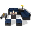 Cozy navy cushions on the 9-piece outdoor PE rattan wicker sectional sofa and fire pit table set for stylish outdoor.
