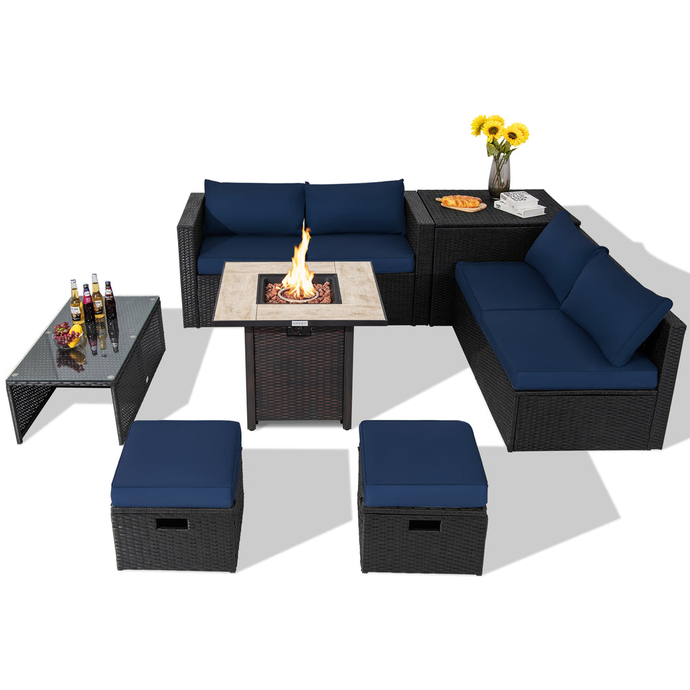 Cozy navy cushions on the 9-piece outdoor PE rattan wicker sectional sofa and fire pit table set for stylish outdoor.