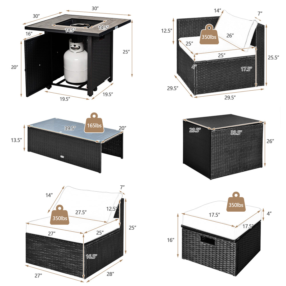 Detailed dimensions of the 9-piece outdoor PE rattan wicker sectional sofa and gas fire pit table set for easy.