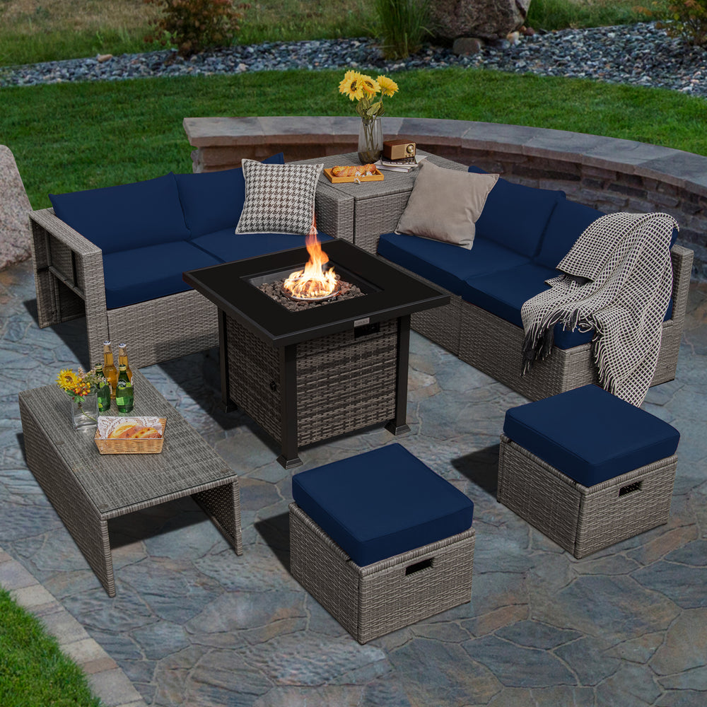 9 Pieces Outdoor Patio Furniture Set with 32-Inch Propane Fire Pit Table-Navy - Gallery View 1 of 9