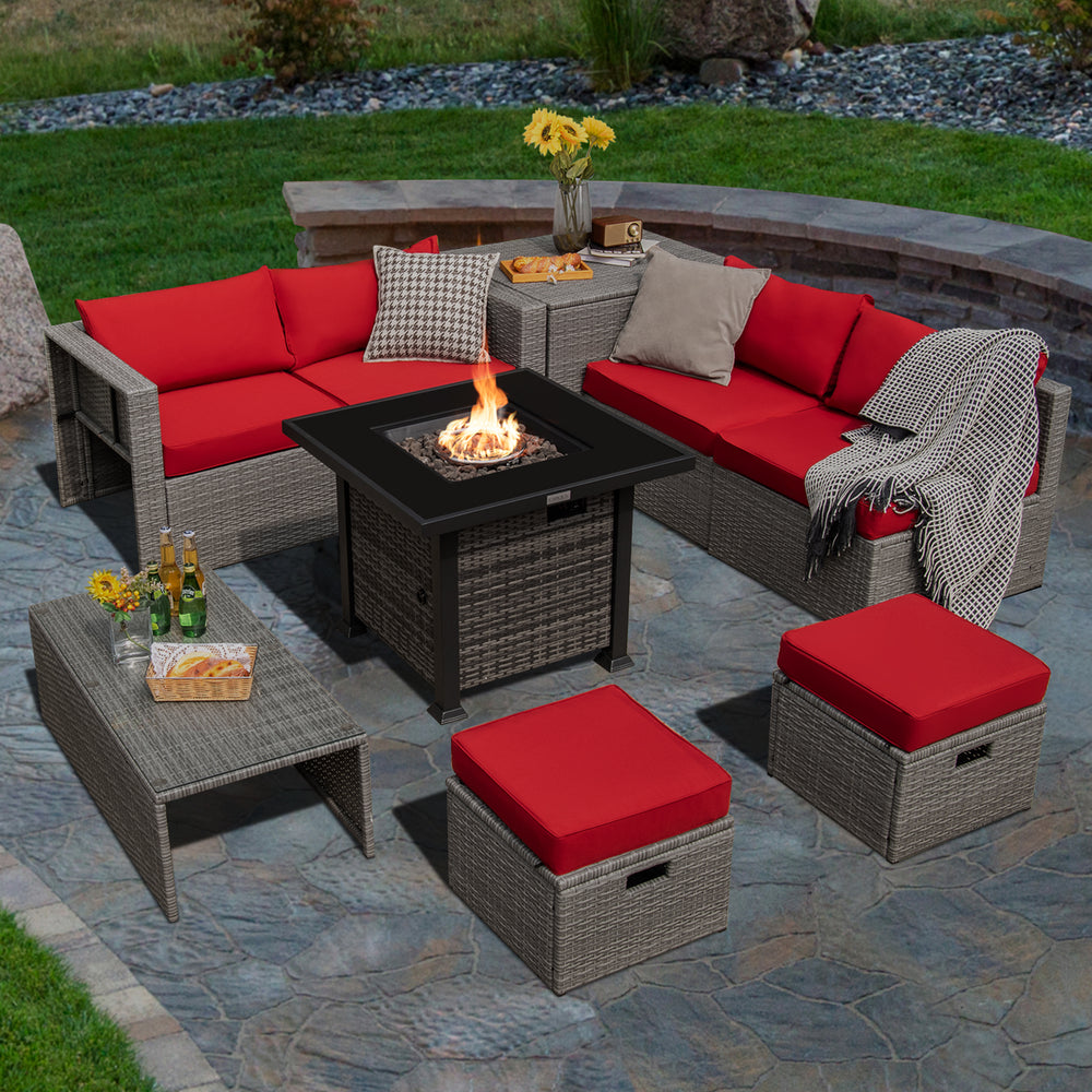 9-piece outdoor patio furniture set with red cushions and a 32-inch propane fire pit table for cozy gatherings.