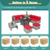 9-piece outdoor patio furniture set with red cushions and 32-inch propane fire pit table, shipped in 5 boxes for easy.
