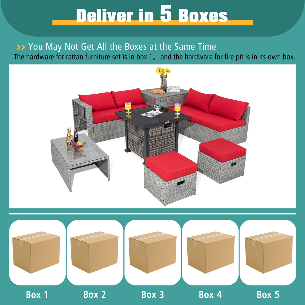 9-piece outdoor patio furniture set with red cushions and 32-inch propane fire pit table, shipped in 5 boxes for easy.