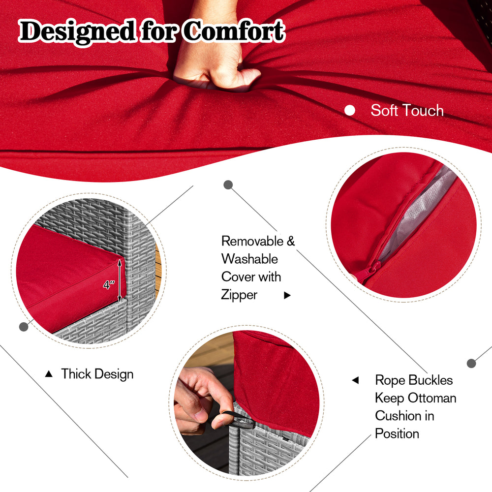 Close-up of red cushion with zipper, part of the 9-piece outdoor patio furniture set for added comfort and style.