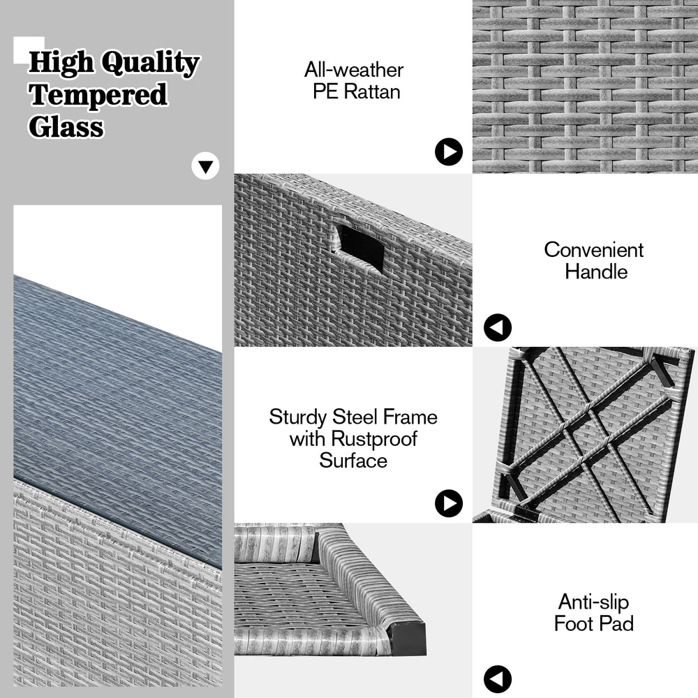 Close-up of the high-quality tempered glass tabletop on the outdoor patio furniture set, featuring all-weather PE.