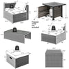 Detailed dimensions of the 9-piece outdoor patio furniture set with a propane fire pit table and storage options.