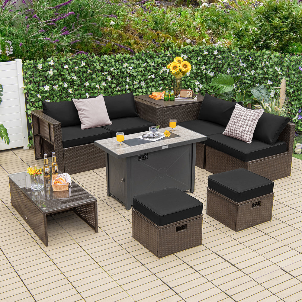 9 Pieces Outdoor Patio Furniture Set with 42 Inch Propane Fire Pit Table-Black - Gallery View 1 of 12