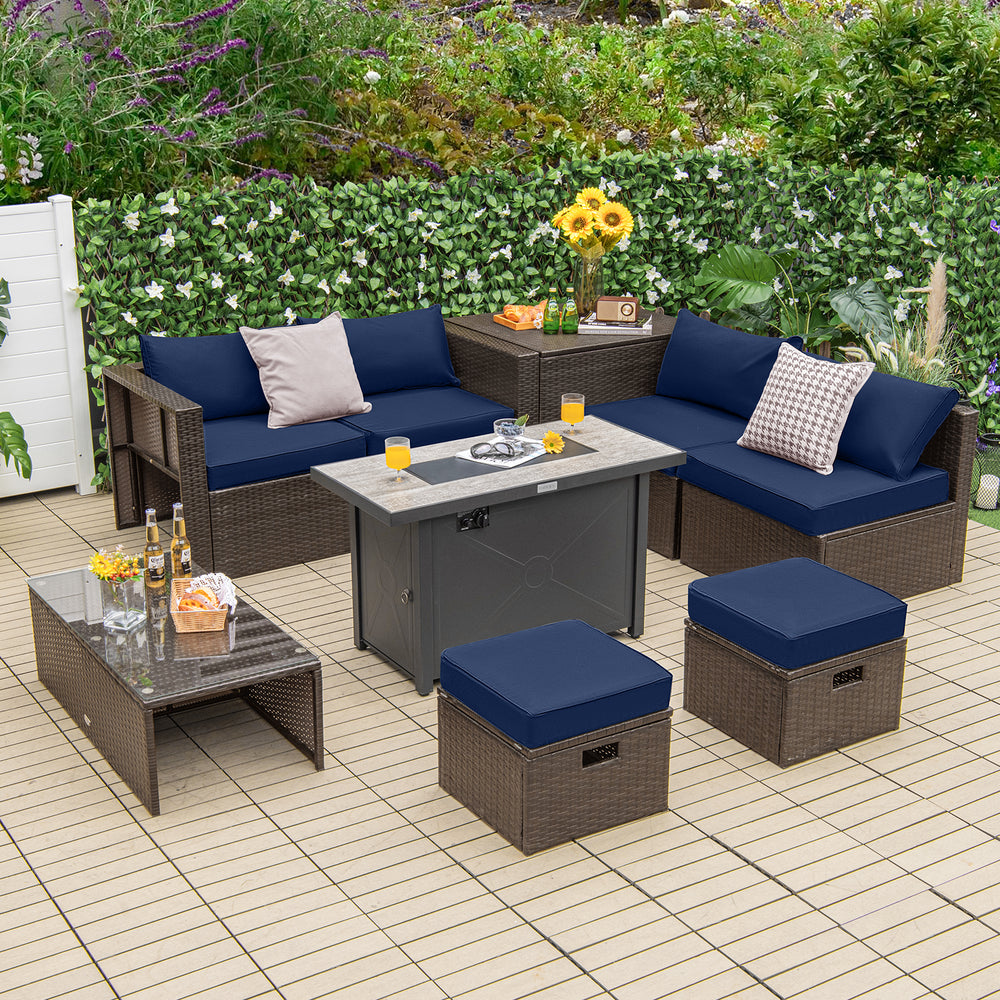 9 Pieces Outdoor Patio Furniture Set with 42 Inch Propane Fire Pit Table-Navy - Gallery View 1 of 12