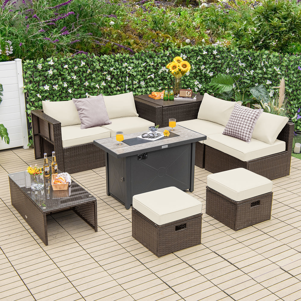 9 Pieces Outdoor Patio Furniture Set with 42 Inch Propane Fire Pit Table-White - Gallery View 1 of 11