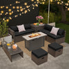 9-piece outdoor patio furniture set featuring a propane fire pit table, soft cushions, and durable PE wicker for.