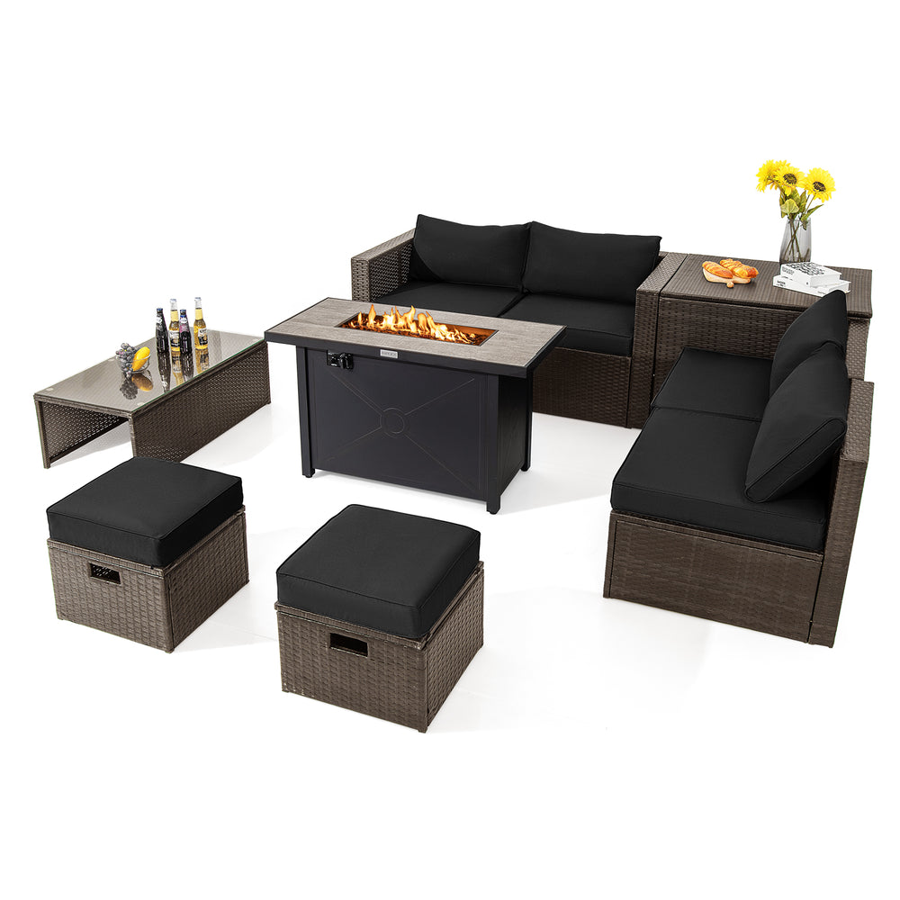 9-piece outdoor patio furniture set featuring a black propane fire pit table, soft cushions, and PE wicker for stylish.