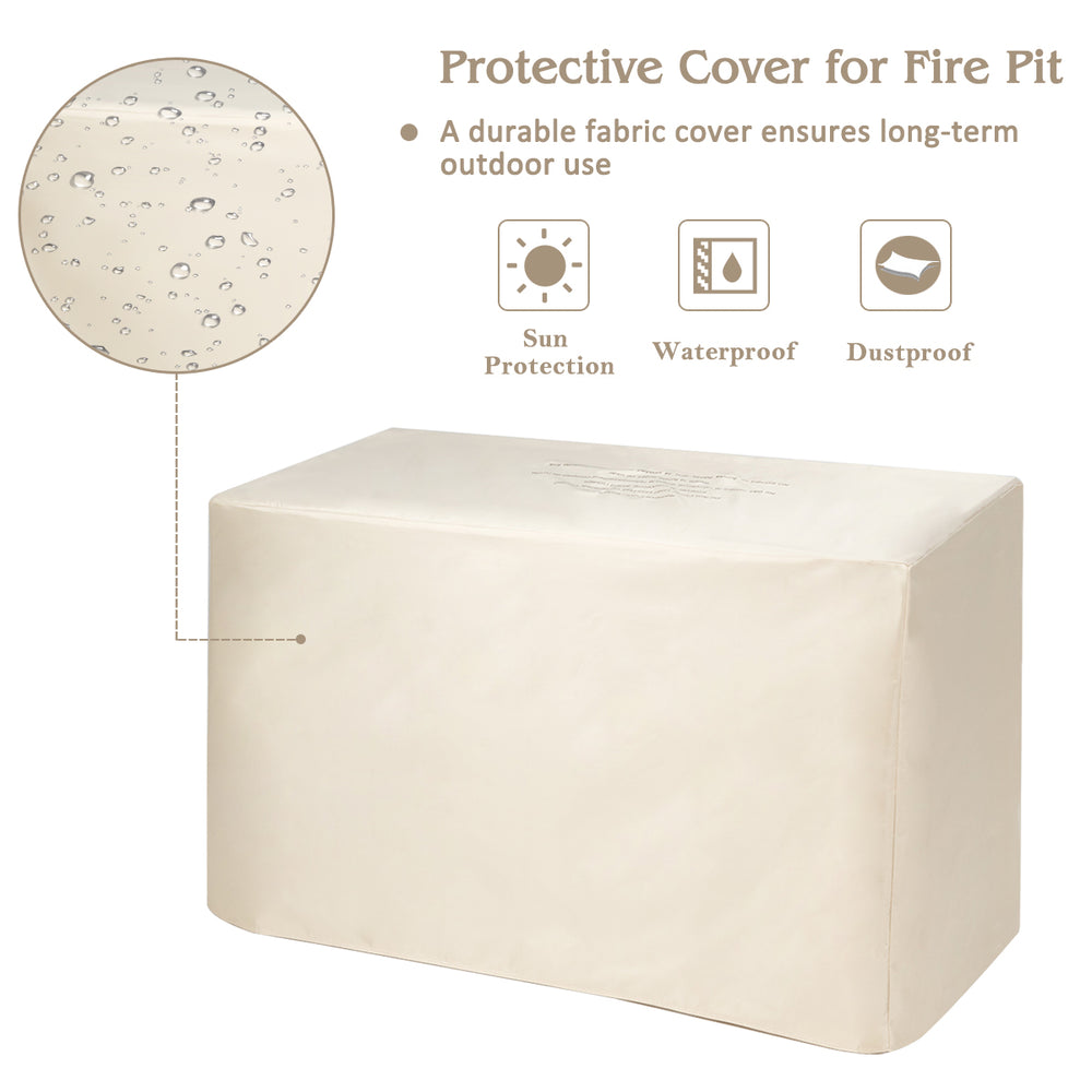 Protective cover for fire pit table, waterproof and dustproof, designed for outdoor use with durable fabric.