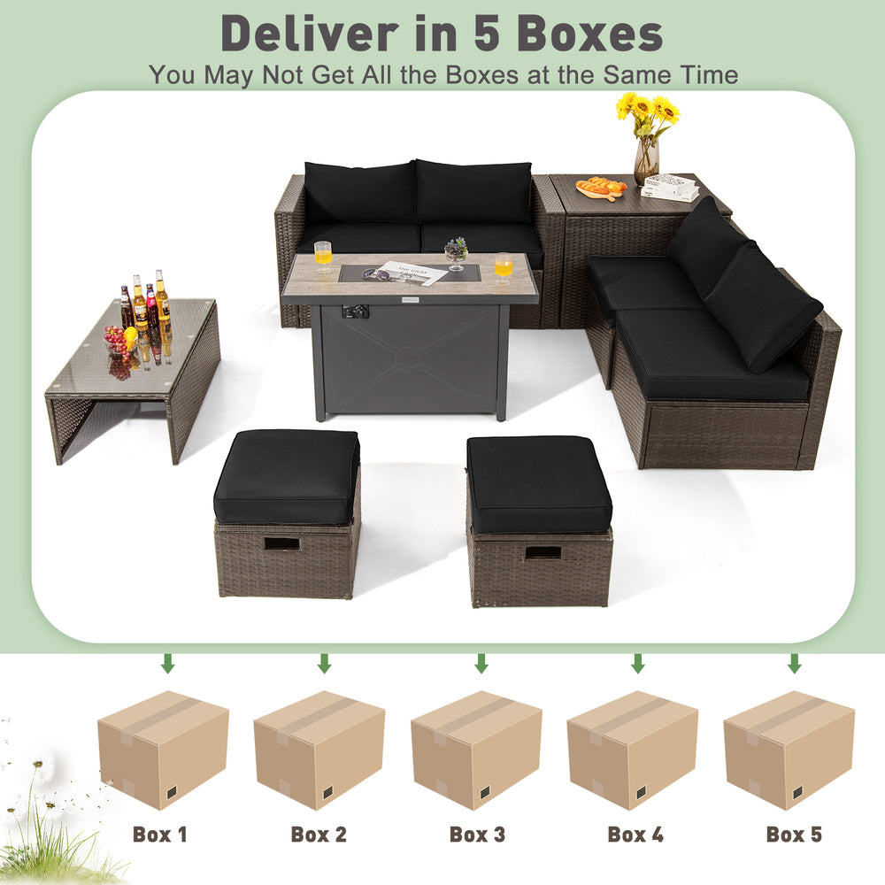 9-piece outdoor patio furniture set featuring a 42-inch propane fire pit table and black cushions for versatile.