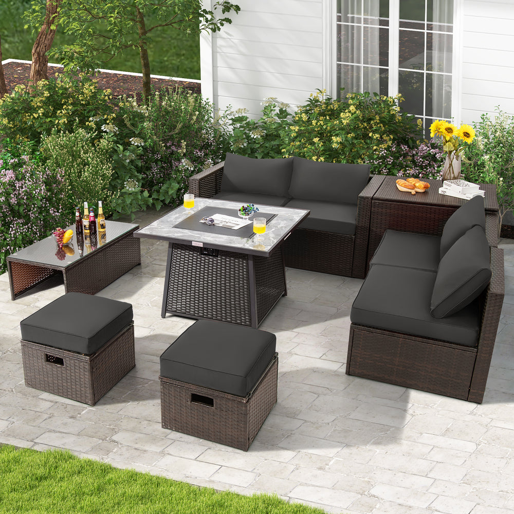 9 Pieces Patio PE Wicker Sectional Set with 50000 BTU Fire Pit Table-Gray - Gallery View 1 of 10