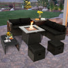 9-piece patio PE wicker sectional set with black cushions and a fire pit table, perfect for outdoor relaxation.