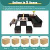 9-piece patio PE wicker sectional set with fire pit table, black cushions, and storage ottomans for outdoor comfort.