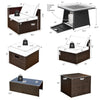 Patio PE wicker sectional set with fire pit table, cushions, and storage box, ideal for outdoor relaxation.