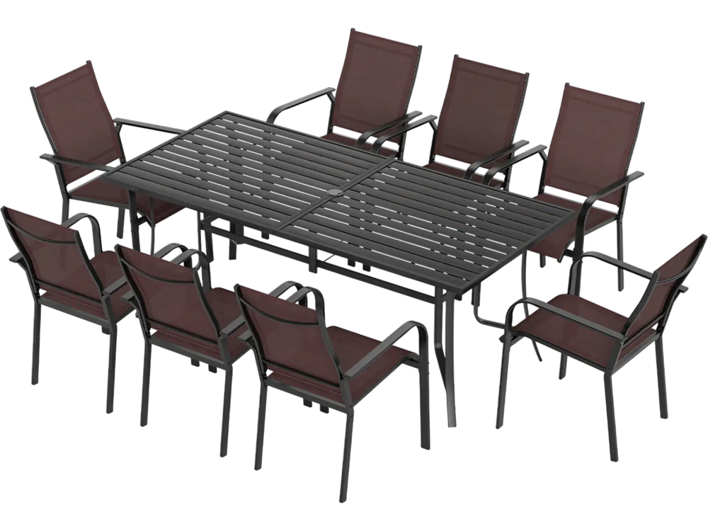 9-piece patio dining set featuring a rectangular table and stackable chairs in brown, ideal for outdoor gatherings.
