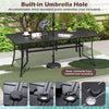 Rectangular patio dining table with built-in umbrella hole, designed for 9-piece outdoor set, perfect for backyard.