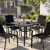 5-piece black patio dining set featuring a square table and stackable chairs, perfect for outdoor meals and gatherings.