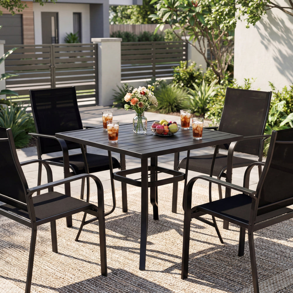 5-piece black patio dining set featuring a square table and stackable chairs, perfect for outdoor meals and gatherings.