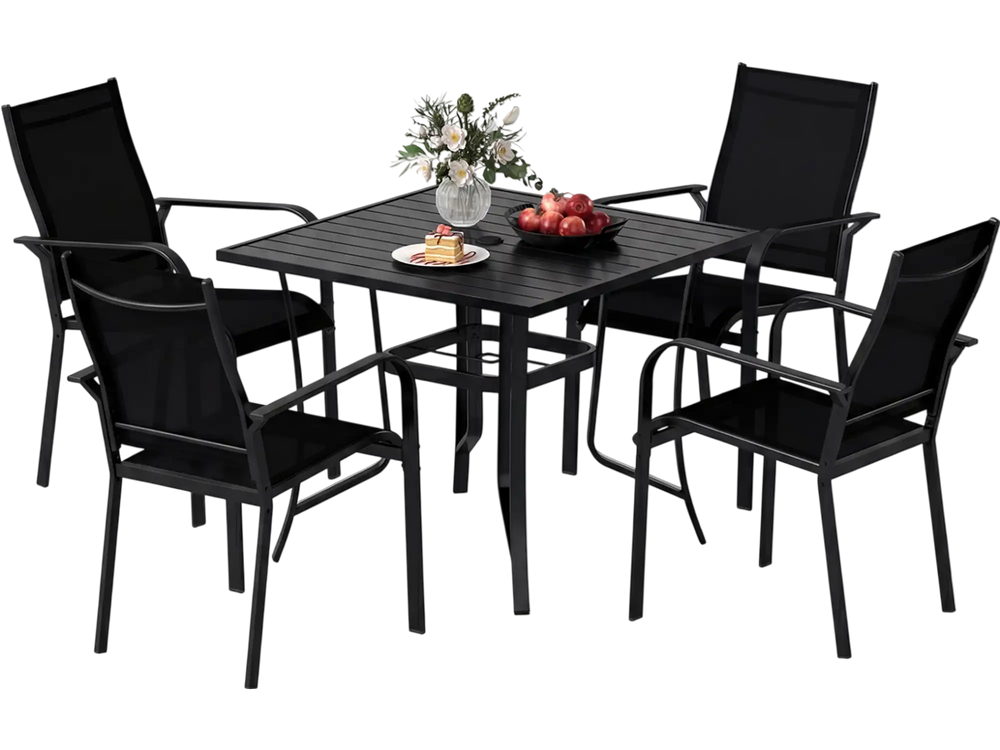 5-piece black patio dining set featuring a square table and stackable chairs, perfect for outdoor dining and relaxation.
